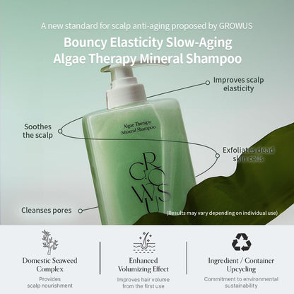GROWUS Algae Therapy Seaweed Shampoo for Thinning Hair - Marine PDRN & Biotin - Hair Thickening, Scalp Strengthening, Hair Fall Defense - Paraben & Sulfate Free K-Beauty - 16.9 Fl Oz Avelisse