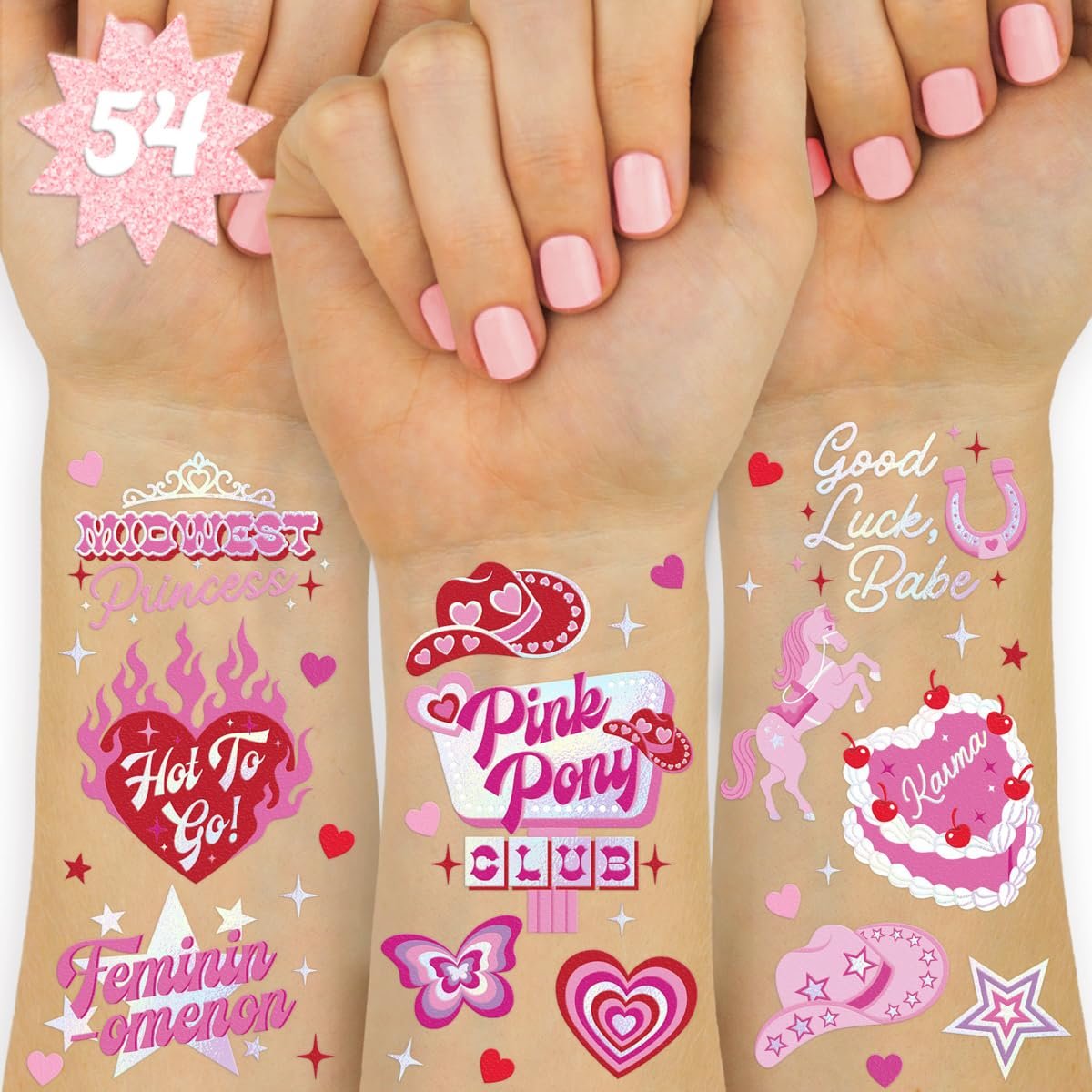xo, Fetti Pink Pony Club Temporary Tattoos - 54 Iridescent Foil Pcs | Cowgirl Bachelorette Party, Valentine's Day Favors, Birthday Accessory, Galentine's Bach Activity - görsel 1