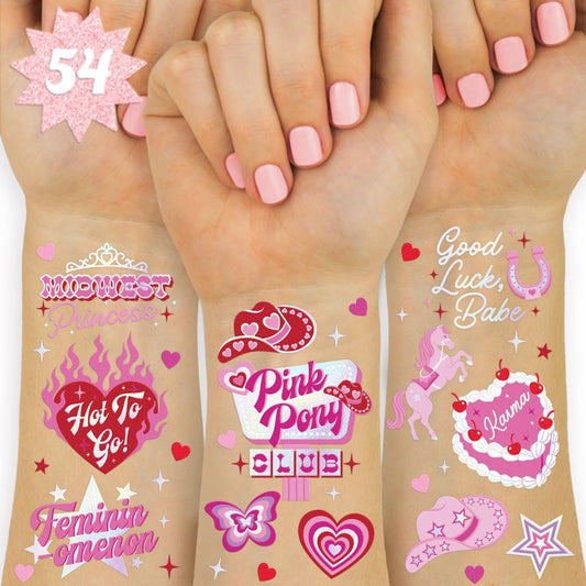 xo, Fetti Pink Pony Club Temporary Tattoos - 54 Iridescent Foil Pcs | Cowgirl Bachelorette Party, Valentine's Day Favors, Birthday Accessory, Galentine's Bach Activity