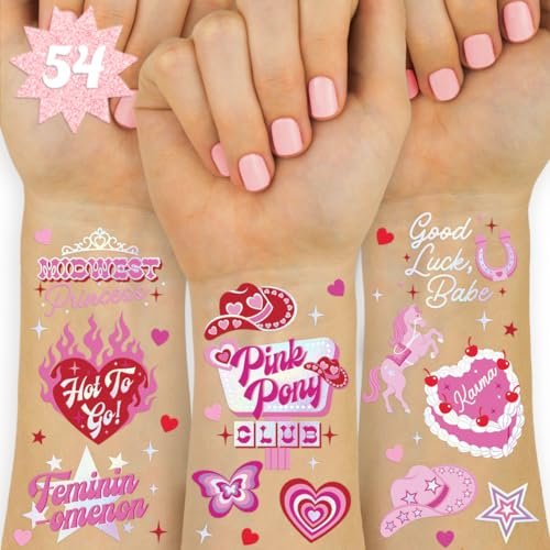 xo, Fetti Pink Pony Club Temporary Tattoos - 54 Iridescent Foil Pcs | Cowgirl Bachelorette Party, Valentine's Day Favors, Birthday Accessory, Galentine's Bach Activity - görsel 2