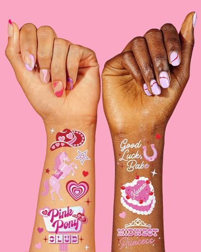 xo, Fetti Pink Pony Club Temporary Tattoos - 54 Iridescent Foil Pcs | Cowgirl Bachelorette Party, Valentine's Day Favors, Birthday Accessory, Galentine's Bach Activity