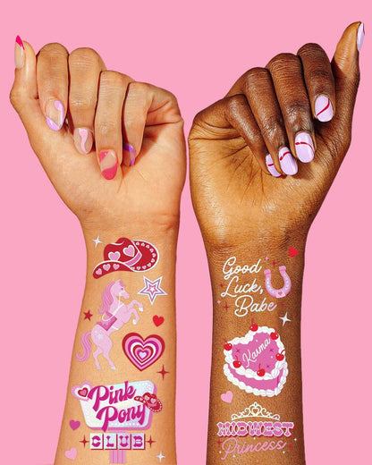 xo, Fetti Pink Pony Club Temporary Tattoos - 54 Iridescent Foil Pcs | Cowgirl Bachelorette Party, Valentine's Day Favors, Birthday Accessory, Galentine's Bach Activity