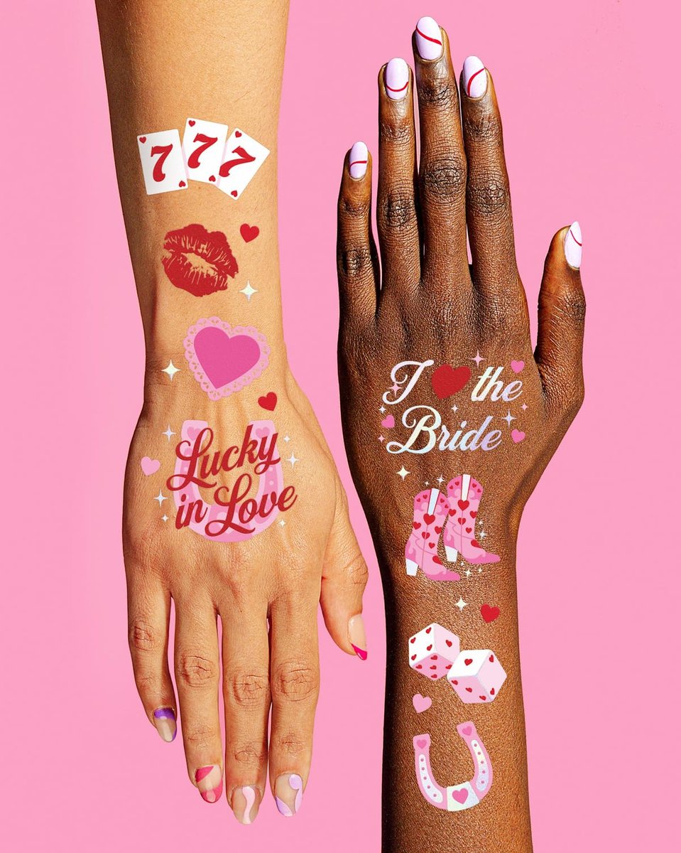 xo, Fetti Lucky in Love Temporary Tattoos - 54 Iridescent Foil Pieces | Bachelorette Party Favors, Western Casino Bride Accessories, Fun Stickers for Adults - görsel 7