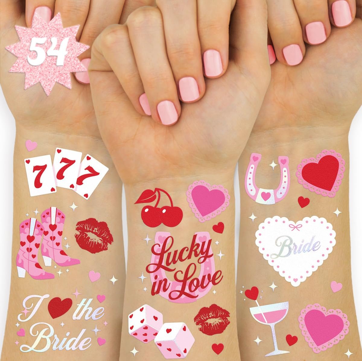 xo, Fetti Lucky in Love Temporary Tattoos - 54 Iridescent Foil Pieces | Bachelorette Party Favors, Western Casino Bride Accessories, Fun Stickers for Adults - görsel 1