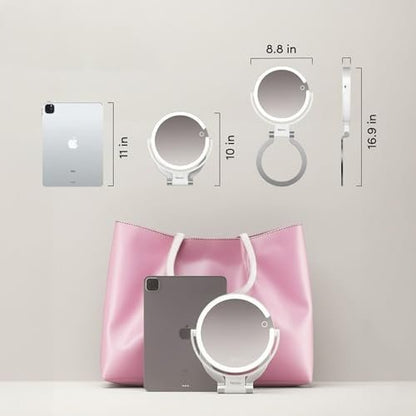 Fancii Travel Magnifying Mirror 10x/1x with Lights, Rechargeable | 9-Inch Extra Large LED Lighted Makeup Mirror, Folding Double Sided Portable Vanity Mirror, 3 Light Settings, Touch Sensor (Sadie) - White Avelisse
