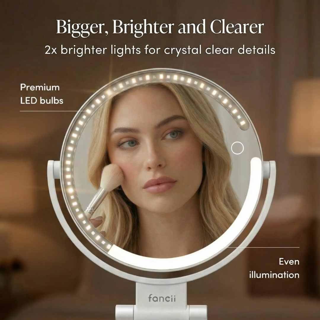 Fancii Travel Magnifying Mirror 10x/1x with Lights, Rechargeable | 9-Inch Extra Large LED Lighted Makeup Mirror, Folding Double Sided Portable Vanity Mirror, 3 Light Settings, Touch Sensor (Sadie) - White Avelisse