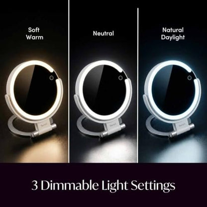 Fancii Travel Magnifying Mirror 10x/1x with Lights, Rechargeable | 9-Inch Extra Large LED Lighted Makeup Mirror, Folding Double Sided Portable Vanity Mirror, 3 Light Settings, Touch Sensor (Sadie) - White Avelisse