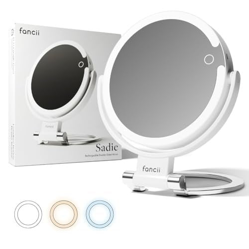 Fancii Travel Magnifying Mirror 10x/1x with Lights, Rechargeable | 9-Inch Extra Large LED Lighted Makeup Mirror, Folding Double Sided Portable Vanity Mirror, 3 Light Settings, Touch Sensor (Sadie) - White Avelisse