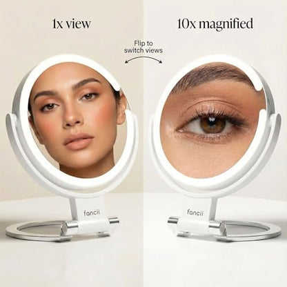 Fancii Travel Magnifying Mirror 10x/1x with Lights, Rechargeable | 9-Inch Extra Large LED Lighted Makeup Mirror, Folding Double Sided Portable Vanity Mirror, 3 Light Settings, Touch Sensor (Sadie) - White Avelisse