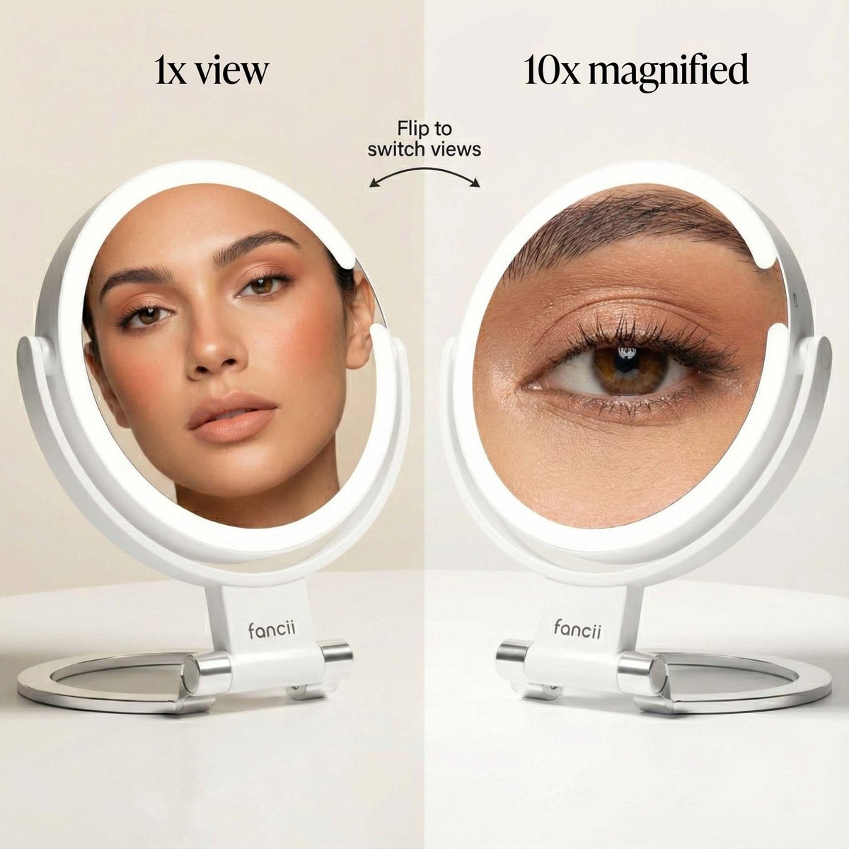 Fancii Travel Magnifying Mirror 10x/1x with Lights, Rechargeable | 9-Inch Extra Large LED Lighted Makeup Mirror, Folding Double Sided Portable Vanity Mirror, 3 Light Settings, Touch Sensor (Sadie) - White Avelisse