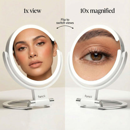 Fancii Travel Magnifying Mirror 10x/1x with Lights, Rechargeable | 9-Inch Extra Large LED Lighted Makeup Mirror, Folding Double Sided Portable Vanity Mirror, 3 Light Settings, Touch Sensor (Sadie) - White Avelisse