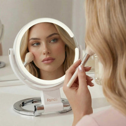 Fancii Travel Magnifying Mirror 10x/1x with Lights, Rechargeable | 9-Inch Extra Large LED Lighted Makeup Mirror, Folding Double Sided Portable Vanity Mirror, 3 Light Settings, Touch Sensor (Sadie) - White Avelisse