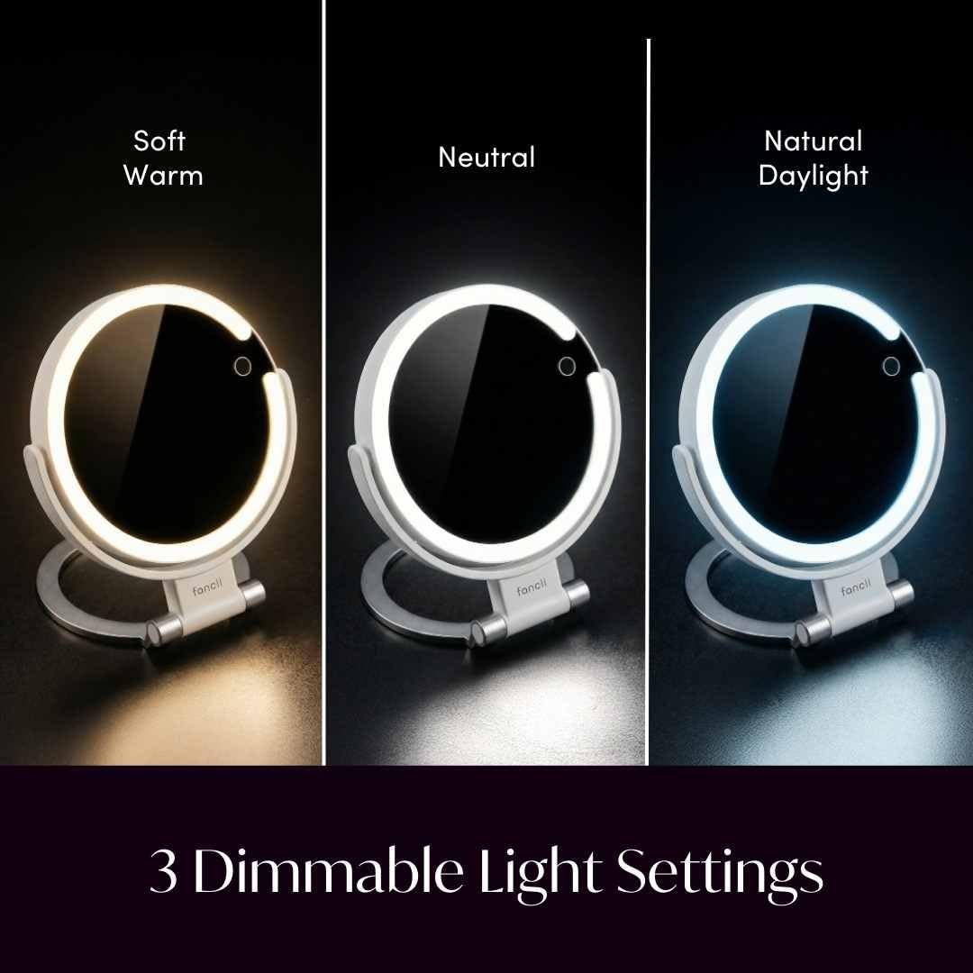 Fancii Travel Magnifying Mirror 10x/1x with Lights, Rechargeable | 9-Inch Extra Large LED Lighted Makeup Mirror, Folding Double Sided Portable Vanity Mirror, 3 Light Settings, Touch Sensor (Sadie) - White Avelisse