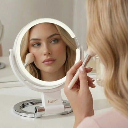 Fancii Travel Magnifying Mirror 10x/1x with Lights, Rechargeable | 9-Inch Extra Large LED Lighted Makeup Mirror, Folding Double Sided Portable Vanity Mirror, 3 Light Settings, Touch Sensor (Sadie) - White Avelisse
