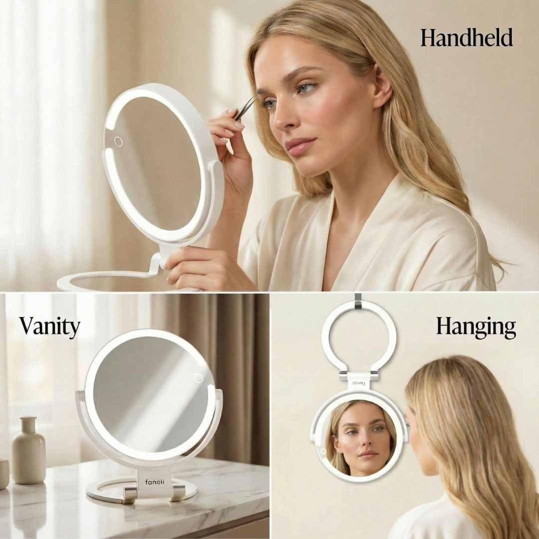 Fancii Travel Magnifying Mirror 10x/1x with Lights, Rechargeable | 9-Inch Extra Large LED Lighted Makeup Mirror, Folding Double Sided Portable Vanity Mirror, 3 Light Settings, Touch Sensor (Sadie) - White Avelisse