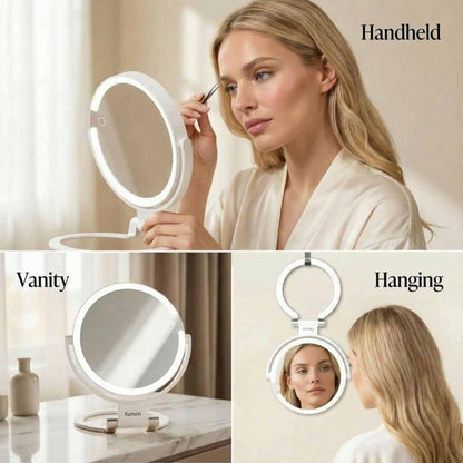 Fancii Travel Magnifying Mirror 10x/1x with Lights, Rechargeable | 9-Inch Extra Large LED Lighted Makeup Mirror, Folding Double Sided Portable Vanity Mirror, 3 Light Settings, Touch Sensor (Sadie) - White Avelisse