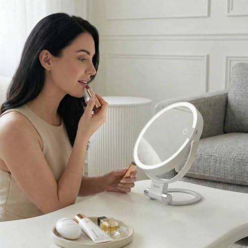 Fancii Travel Magnifying Mirror 10x/1x with Lights, Rechargeable | 9-Inch Extra Large LED Lighted Makeup Mirror, Folding Double Sided Portable Vanity Mirror, 3 Light Settings, Touch Sensor (Sadie) - White Avelisse