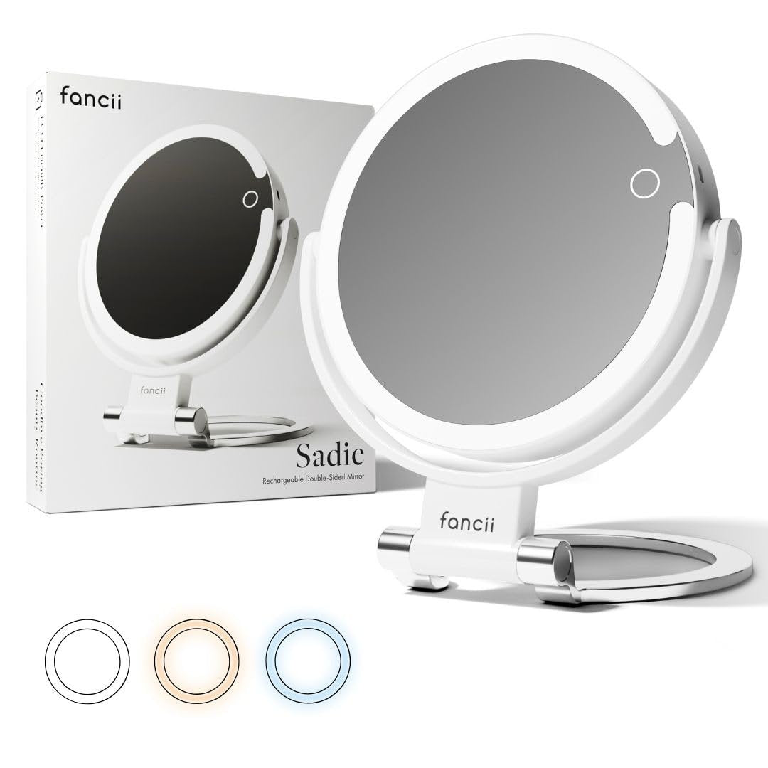 Fancii Travel Magnifying Mirror 10x/1x with Lights, Rechargeable | 9-Inch Extra Large LED Lighted Makeup Mirror, Folding Double Sided Portable Vanity Mirror, 3 Light Settings, Touch Sensor (Sadie) - White Avelisse