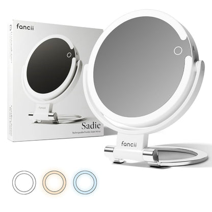 Fancii Travel Magnifying Mirror 10x/1x with Lights, Rechargeable | 9-Inch Extra Large LED Lighted Makeup Mirror, Folding Double Sided Portable Vanity Mirror, 3 Light Settings, Touch Sensor (Sadie) - White Avelisse