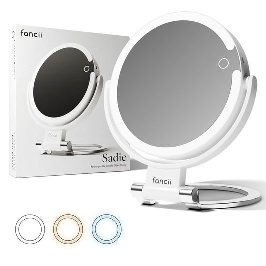 Fancii Travel Magnifying Mirror 10x/1x with Lights, Rechargeable | 9-Inch Extra Large LED Lighted Makeup Mirror, Folding Double Sided Portable Vanity Mirror, 3 Light Settings, Touch Sensor (Sadie) - White Avelisse