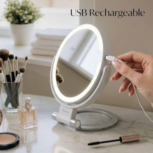 Fancii Travel Magnifying Mirror 10x/1x with Lights, Rechargeable | 9-Inch Extra Large LED Lighted Makeup Mirror, Folding Double Sided Portable Vanity Mirror, 3 Light Settings, Touch Sensor (Sadie) - White Avelisse