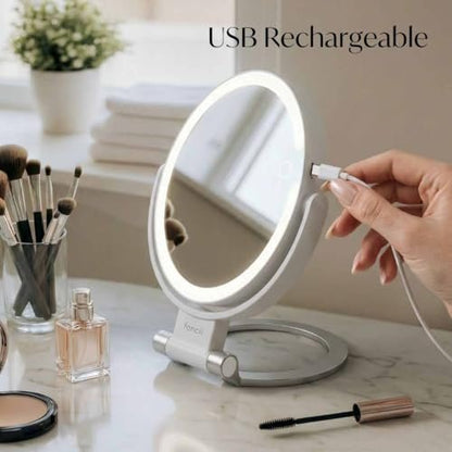 Fancii Travel Magnifying Mirror 10x/1x with Lights, Rechargeable | 9-Inch Extra Large LED Lighted Makeup Mirror, Folding Double Sided Portable Vanity Mirror, 3 Light Settings, Touch Sensor (Sadie) - White Avelisse
