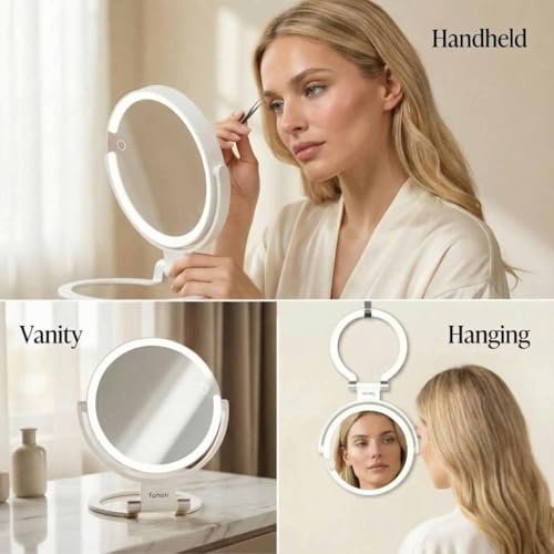 Fancii Travel Magnifying Mirror 10x/1x with Lights, Rechargeable | 9-Inch Extra Large LED Lighted Makeup Mirror, Folding Double Sided Portable Vanity Mirror, 3 Light Settings, Touch Sensor (Sadie) - White Avelisse