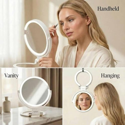 Fancii Travel Magnifying Mirror 10x/1x with Lights, Rechargeable | 9-Inch Extra Large LED Lighted Makeup Mirror, Folding Double Sided Portable Vanity Mirror, 3 Light Settings, Touch Sensor (Sadie) - White Avelisse