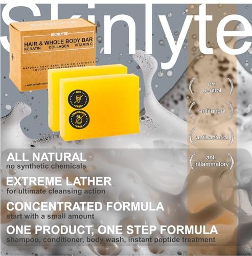 SKINLYTE Natural Hair & Whole Body Bar Soap - Keratin & Collagen Peptides for Hair Growth, Repair & Volume, Anti-Aging Skin Firming with Organic Sulfur (2-Pack, 3.5 oz Each) Avelisse
