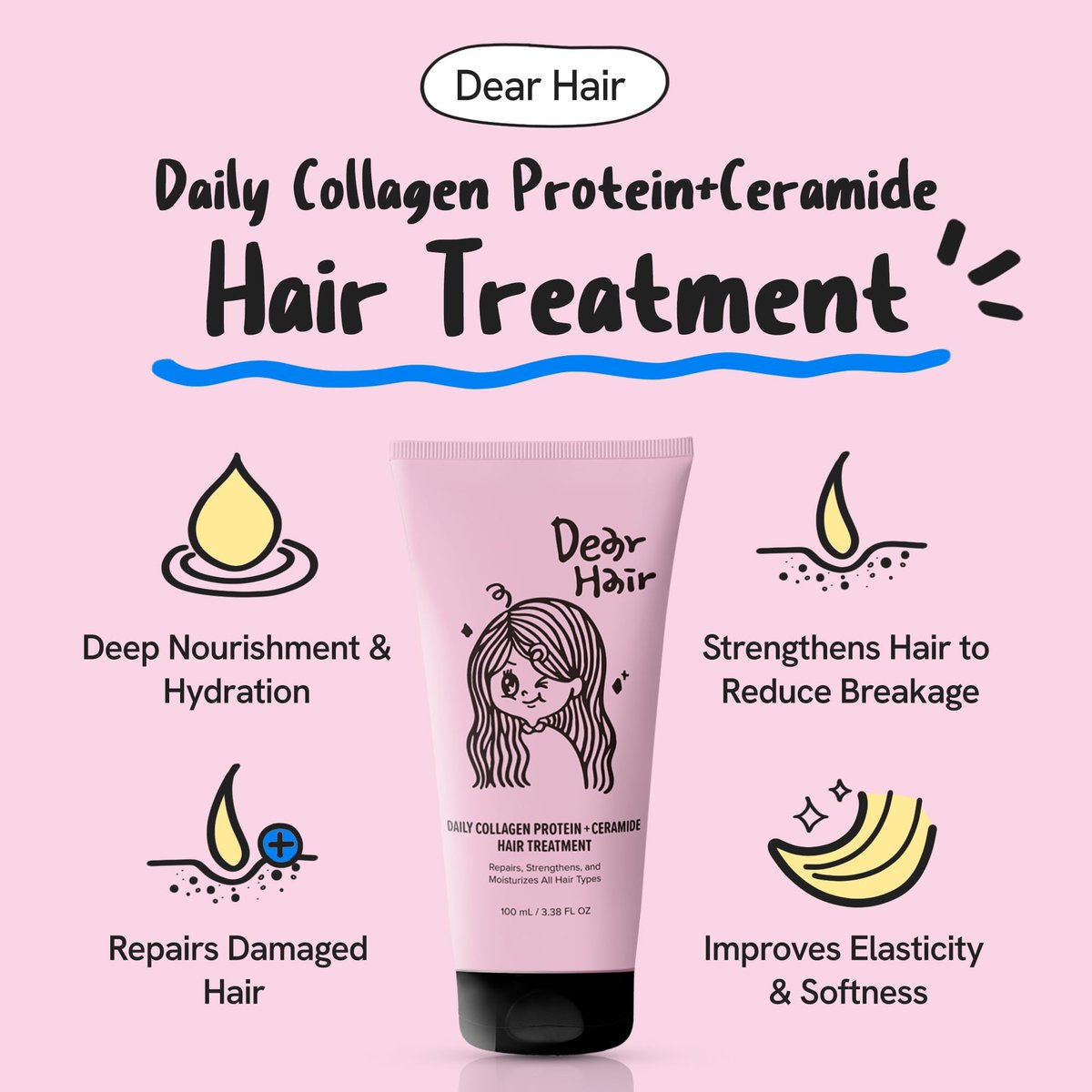 DEAR HAIR Daily Collagen Protein Ceramide Hair Treatment - Deep Conditioning Mask for Dry, Damaged Hair with Hydrolyzed Collagen & Pea Protein, Bond Repair, 3.38 fl oz - görsel 3