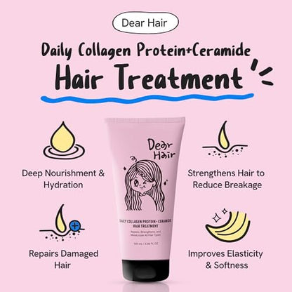 DEAR HAIR Daily Collagen Protein Ceramide Hair Treatment - Deep Conditioning Mask for Dry, Damaged Hair with Hydrolyzed Collagen & Pea Protein, Bond Repair, 3.38 fl oz