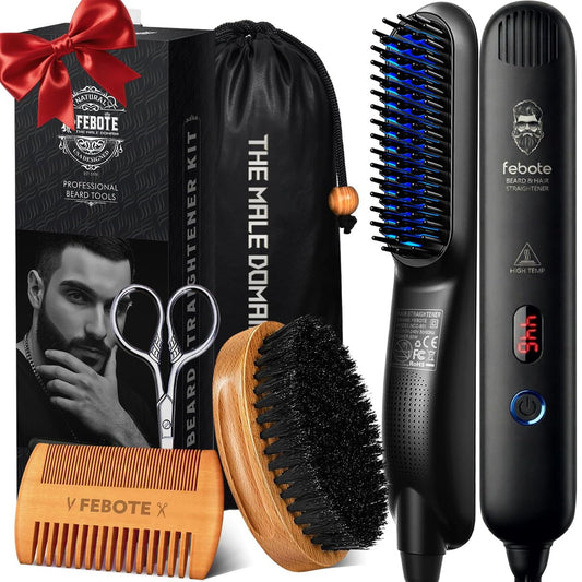 FEBOTE Innovation Beard & Hair Straightener for Men with Natural Boar Bristle Brush, Pear Wood Comb, Mustache Scissors and Travel Bag - Professional Beard Care Set, Men's Grooming Gift (Blue, Travel Size) Avelisse