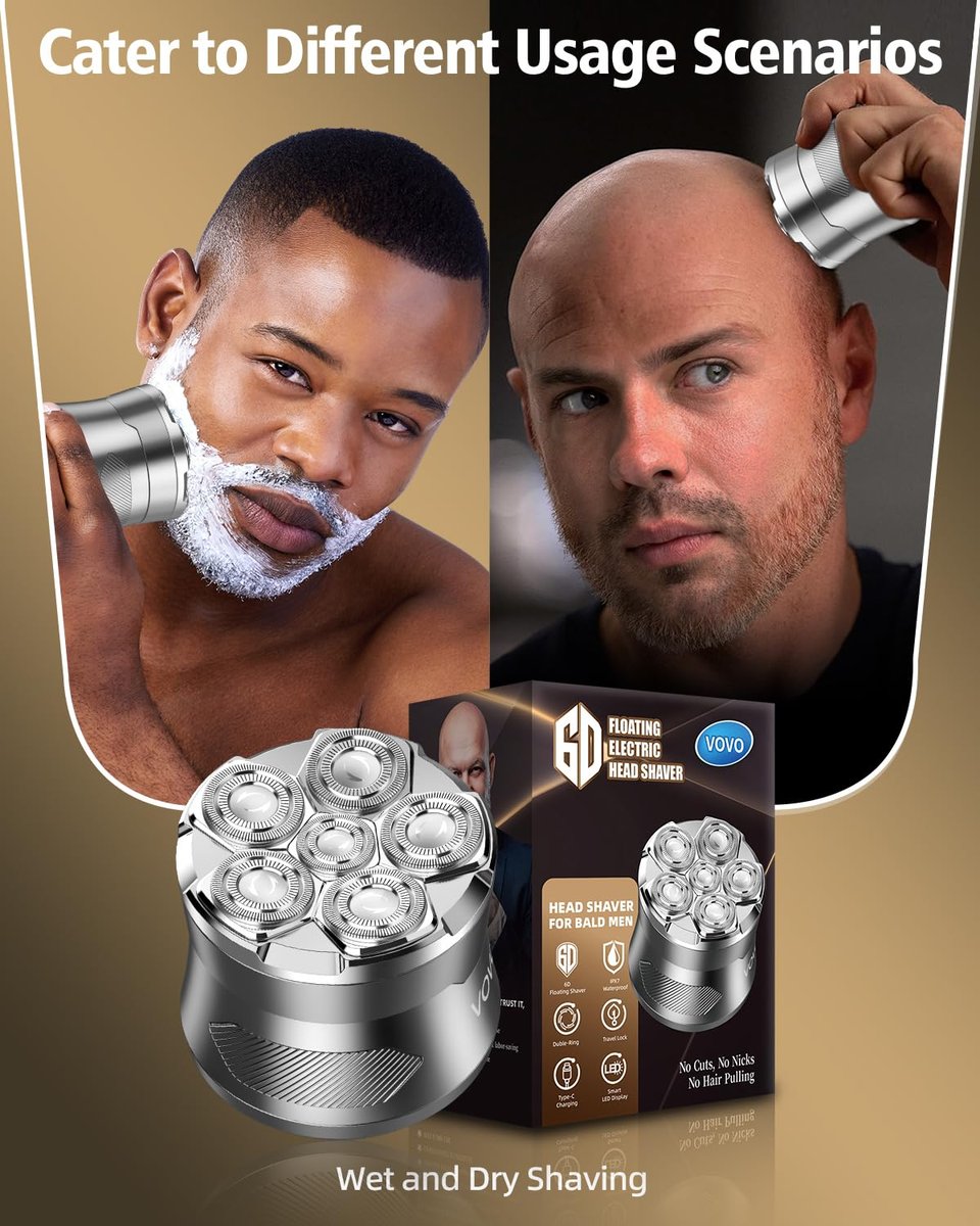 VOVO Head Shavers for Bald Men - 6D Electric Face & Head Shaver, 2 Speeds, Cordless, IPX7 Waterproof, Wet & Dry, Type-C Rechargeable, Large Capacity, Suitable for Home and Travel Avelisse