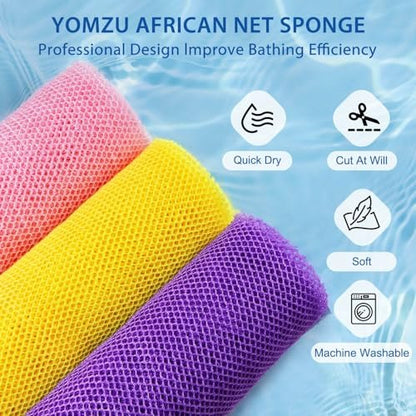 YOMZU African Net Sponge Exfoliating Bath Sponge - 6 Pack, Long Scrubbing Rag for Shower Body Scrubber (Pink, Yellow, Purple, Coffee, Blue, Black)