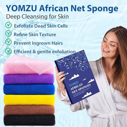 YOMZU African Net Sponge Exfoliating Bath Sponge - 6 Pack, Long Scrubbing Rag for Shower Body Scrubber (Pink, Yellow, Purple, Coffee, Blue, Black)