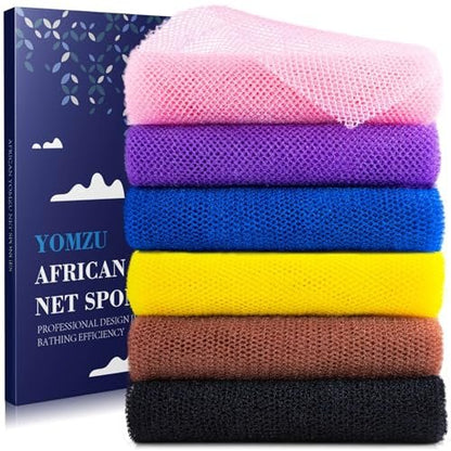 YOMZU African Net Sponge Exfoliating Bath Sponge - 6 Pack, Long Scrubbing Rag for Shower Body Scrubber (Pink, Yellow, Purple, Coffee, Blue, Black)
