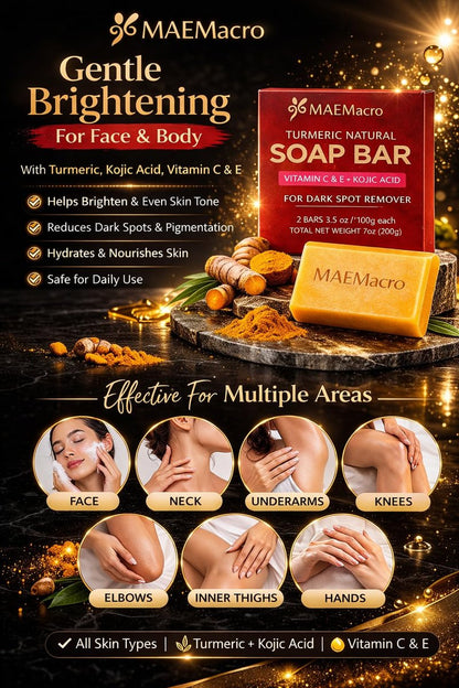 MAEMacro Turmeric & Kojic Acid Soap Bar with Vitamin C, Retinol, Collagen, Hyaluronic Acid, and Vitamin E – Dark Spot Corrector & Skin Tone Enhancer (2 Bars)