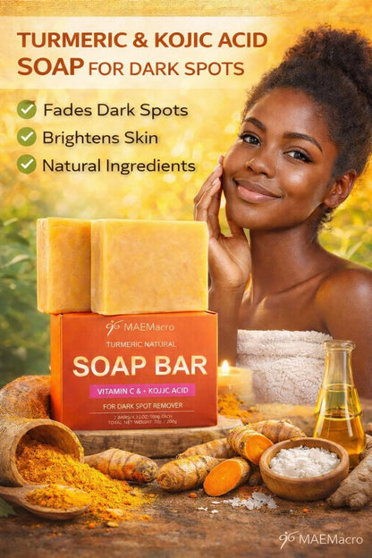 MAEMacro Turmeric & Kojic Acid Soap Bar with Vitamin C, Retinol, Collagen, Hyaluronic Acid, and Vitamin E – Dark Spot Corrector & Skin Tone Enhancer (2 Bars)