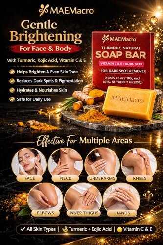 MAEMacro Turmeric & Kojic Acid Soap Bar with Vitamin C, Retinol, Collagen, Hyaluronic Acid, and Vitamin E – Dark Spot Corrector & Skin Tone Enhancer (2 Bars)