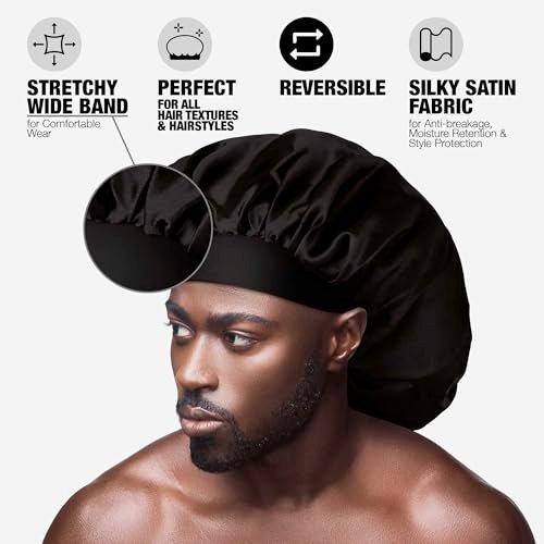Red by Kiss Men's Silky Satin Hair Bonnet – Black/Reversible, Soft Anti-Frizz Fabric, No-Slip Wide Band, All Hair Types, Daily Wear - görsel 4