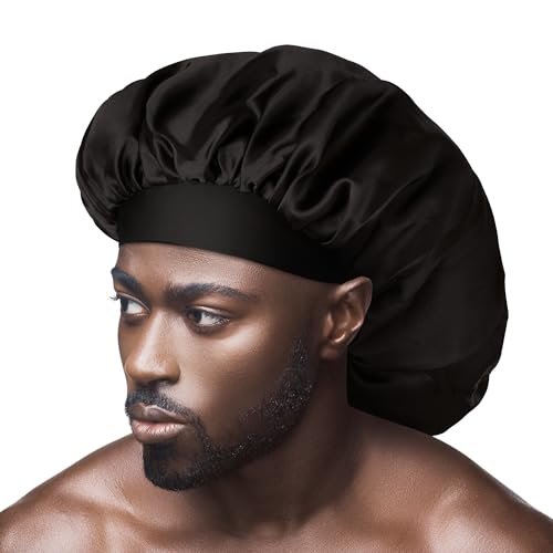 Red by Kiss Men's Silky Satin Hair Bonnet – Black/Reversible, Soft Anti-Frizz Fabric, No-Slip Wide Band, All Hair Types, Daily Wear - görsel 2
