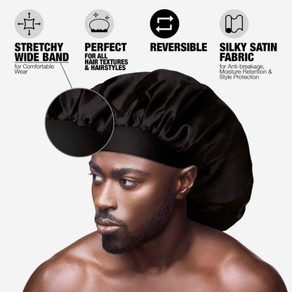 Red by Kiss Men's Silky Satin Hair Bonnet – Black/Reversible, Soft Anti-Frizz Fabric, No-Slip Wide Band, All Hair Types, Daily Wear