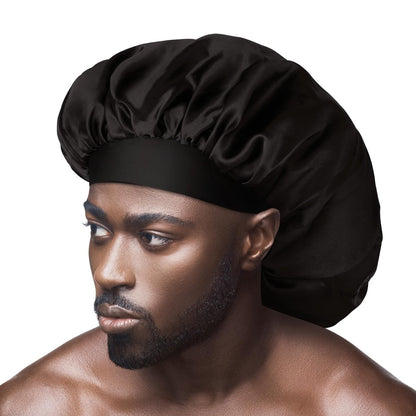 Red by Kiss Men's Silky Satin Hair Bonnet – Black/Reversible, Soft Anti-Frizz Fabric, No-Slip Wide Band, All Hair Types, Daily Wear