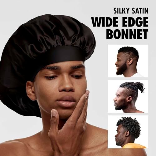 Red by Kiss Men's Silky Satin Hair Bonnet – Black/Reversible, Soft Anti-Frizz Fabric, No-Slip Wide Band, All Hair Types, Daily Wear - görsel 8