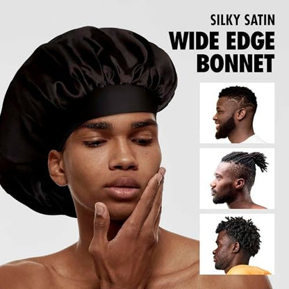 Red by Kiss Men's Silky Satin Hair Bonnet – Black/Reversible, Soft Anti-Frizz Fabric, No-Slip Wide Band, All Hair Types, Daily Wear