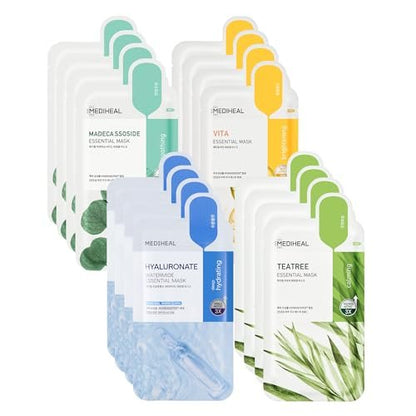Mediheal Sheet Mask New Essential HERO 16 Pack – Hyaluronate, Tea Tree, Madecassoside, Vita | Korean Skincare Facial Mask Combo Gift Set Avelisse
