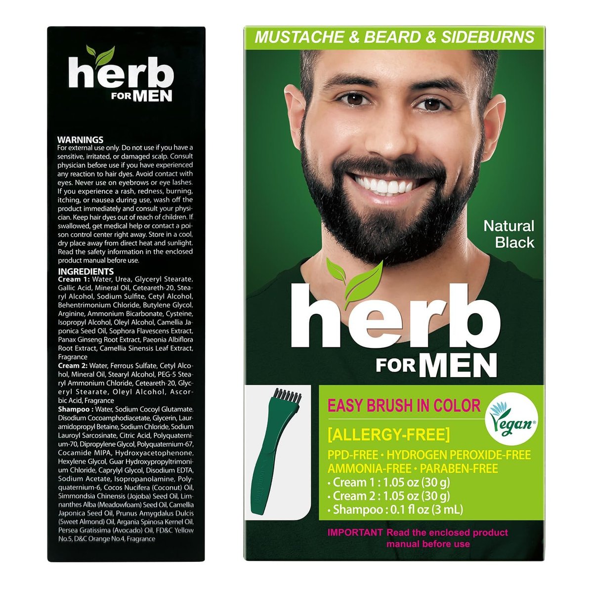 Herb Speedy Herb For Men Mustache & Beard Dye (Natural Black, 3 Pack) - PPD-Free, Ammonia-Free, Vegan & Gentle for Sensitive Skin Avelisse
