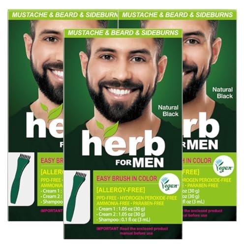 Herb Speedy Herb For Men Mustache & Beard Dye (Natural Black, 3 Pack) - PPD-Free, Ammonia-Free, Vegan & Gentle for Sensitive Skin Avelisse