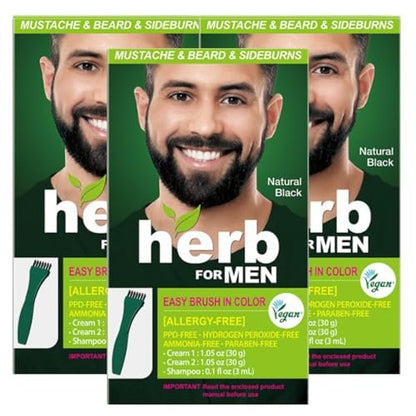 Herb Speedy Herb For Men Mustache & Beard Dye (Natural Black, 3 Pack) - PPD-Free, Ammonia-Free, Vegan & Gentle for Sensitive Skin Avelisse