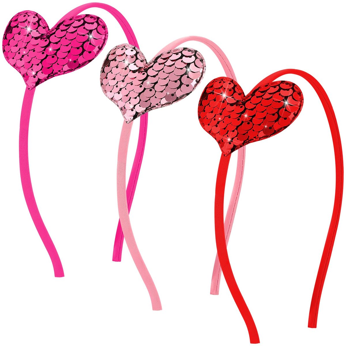 Thiccywoov 3-Pack Valentine's Day Heart Headbands - Red, Pink, Hot Pink Glitter Sequin Hairbands for Women Wedding Party Supplies - görsel 1